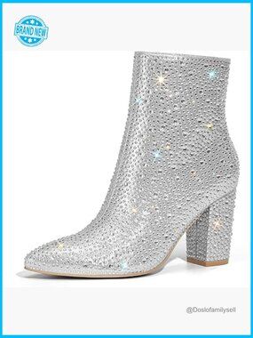 Rhinestone Booties Sparkly Ankle Boots Pointed Toe Block Chunky Heel Glitter